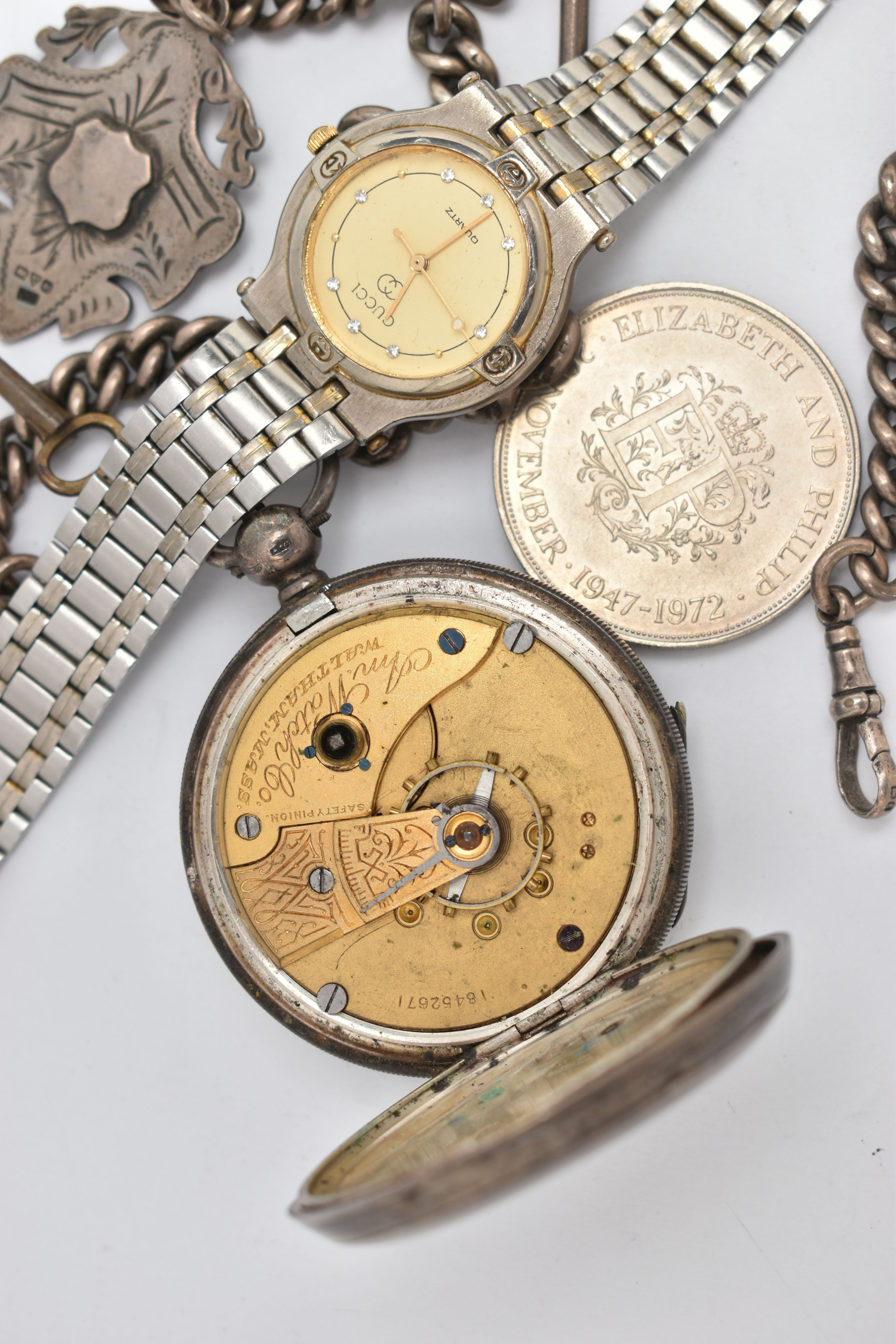 A SILVER 'WALTHAM' POCKET WATCH AND ALBERT CHAIN, key wound, open face pocket watch, round white - Image 4 of 4