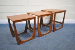 A SUNELM MID CENTURY TEAK NEST OF THREE TABLES, largest 48cm squared x height 52cm (condition