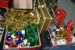 THREE BOXES OF CHRISTMAS DECORATIONS AND TREE LIGHTS, to include floral Christmas decorations, table