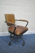 A VINTAGE TANNED LEATHER INDUSTRIAL SWIVEL OFFICE CHAIR, with wooden armrests, width 60cm x depth