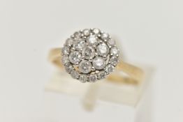A 9CT GOLD DIAMOND CLUSTER RING, circular form, set with a cluster of round brilliant cut