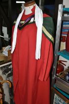 ONE BOX OF CLOTHING, CDS AND ACCESSORIES, to include a red graduation gown, ladies silk scarves, two