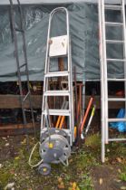 A COLLECTION OF GARDEN TOOLS AND A CLIMA STEP LADDER length 188cm, forks, spades, shears etc