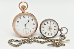 TWO POCKET WATCHES AND AN ALBERT CHAIN, the first a gold plated open face pocket watch with white