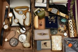 A BOX OF ASSORTED COSTUME JEWELLERY AND WRISTWATCHES, to include a pair of tri colour knot stud