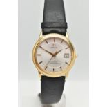 AN 18CT GOLD OMEGA WRISTWATCH, with automatic movement, circular silver dial signed Omega