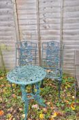 A GREEN PAINTED CAST ALUMINIUM GARDEN TABLE, and similar chairs, labelled Nova (3)