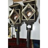 A PAIR OF LATE 19TH / EARLY 20TH CENTURY COACHING LAMPS, black lacquered finish, bear regd no.