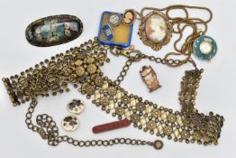 A SMALL BOX OF ITEMS, to include a base metal belt, a shell cameo brooch, a 'Medana' fob watch