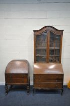A 20TH CENTURY MAHOGANY BUREAU BOOKCASE, the top with double glazed door, the base with a fall front