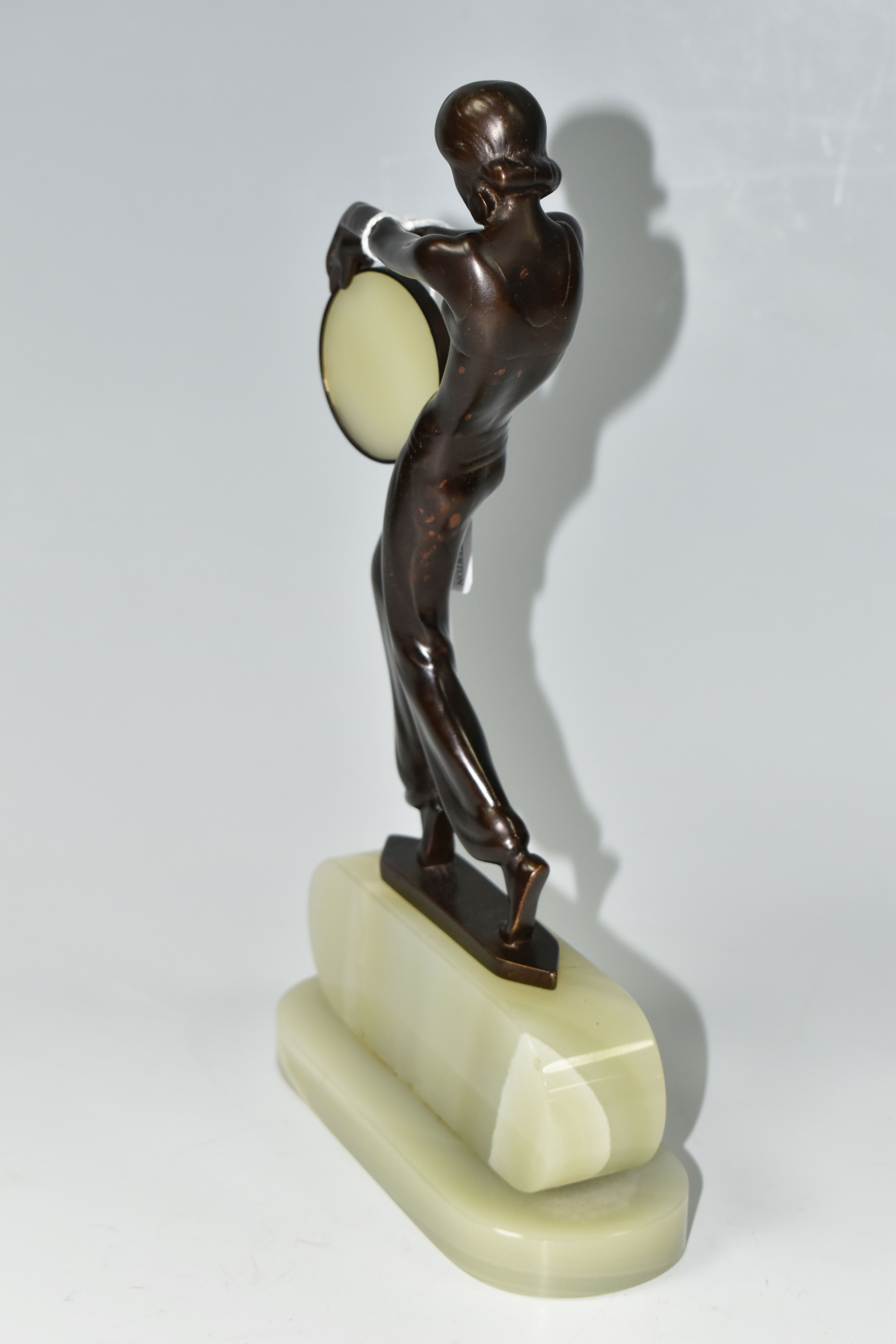 AFTER LORENZL, an Art Deco style bronze figure of a tambourine dancer, on a green onyx base, - Image 4 of 7