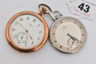 AN OMEGA POCKET WATCH AND A WALTHAM POCKET WATCH, manual wind, round silver dial, signed 'Omega