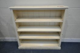 A CREAM PAINTED OPEN BOOKCASE, with three adjustable shelves, width 119cm x depth 39cm x height