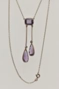 A WHITE METAL AMETHYST DROP PENDANT NECKLACE, the pendant set with a cushion cut amethyst