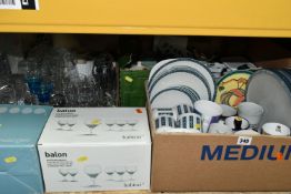 THREE BOXES OF CERAMICS AND GLASSWARE, comprising Royal Doulton 'Moonstone' pattern tea and