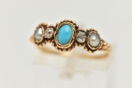 A LATE VICTORIAN, GEM SET RING, set with a central, oval cut turquoise cabochon, flanked with two