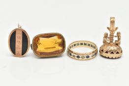 A SELECTION OF JEWELLERY, to include an early 20th century orange paste brooch, a synthetic sapphire