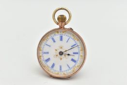 A LADYS YELLOW METAL OPEN FACE POCKET WATCH, manual wind, round white dial, blue Roman numerals,