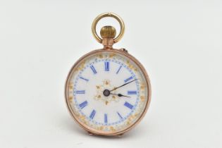 A LADYS YELLOW METAL OPEN FACE POCKET WATCH, manual wind, round white dial, blue Roman numerals,