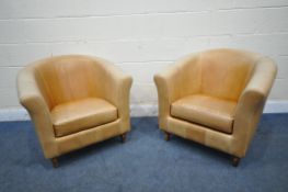 A PAIR OF TANNED LEATHER TUB CHAIRS, on cylindrical tapered legs, width 80cm x depth 78cm height