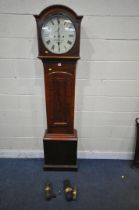 A GEORGIAN MAHOGANY EIGHT DAY LONGCASE CLOCK, the hood with a circular glazed door, enclosing a