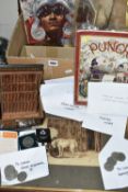 ONE BOX OF COLLECTABLE COINS, CIGARETTE BOXES AND PUNCH MAGAZINES, to include a collection of
