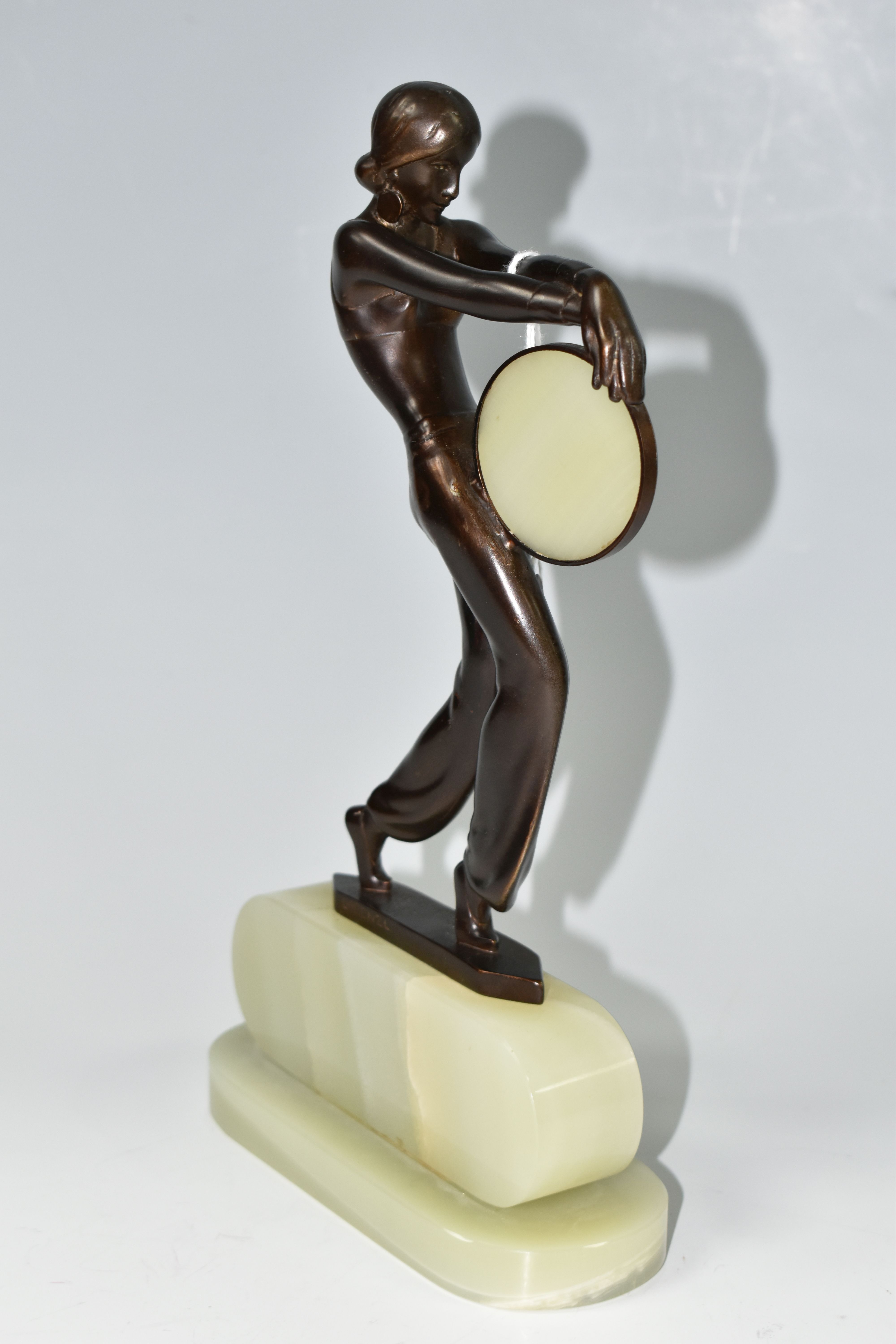 AFTER LORENZL, an Art Deco style bronze figure of a tambourine dancer, on a green onyx base, - Image 2 of 7