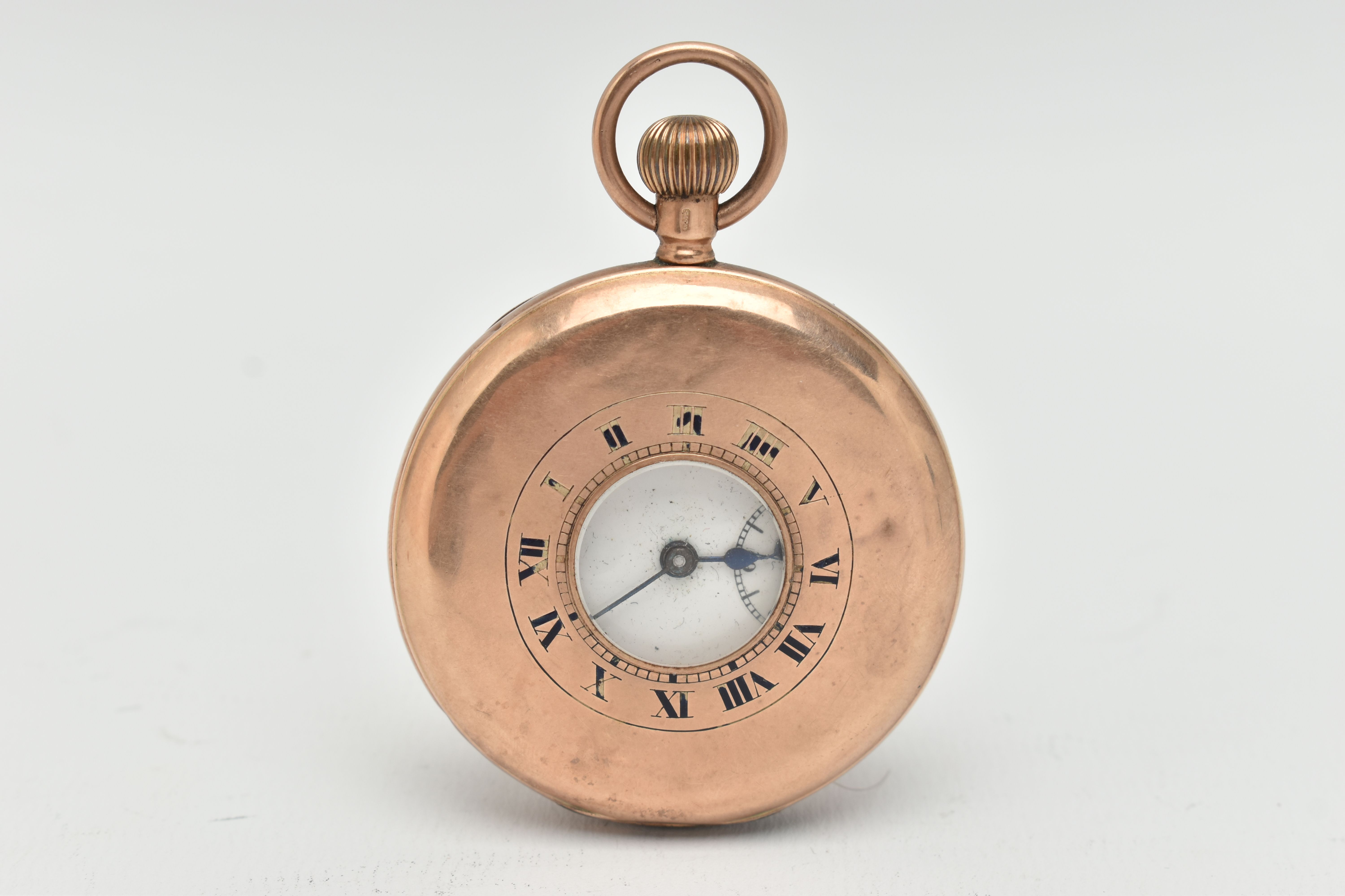 A 9CT GOLD HALF HUNTER POCKET WATCH, the white face with black Roman numerals and subsidiary seconds