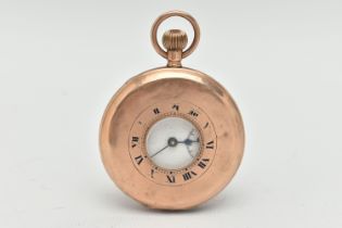A 9CT GOLD HALF HUNTER POCKET WATCH, the white face with black Roman numerals and subsidiary seconds