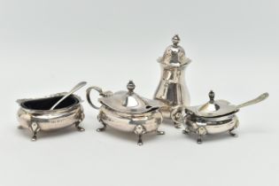 AN ELIZABETH II SILVER FIVE PIECE CRUET SET BY ELKINGTON & CO, comprising a pepperette, covered