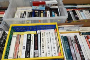 SIX BOXES OF BOOKS containing over 120 miscellaneous titles in hardback and paperback formats,