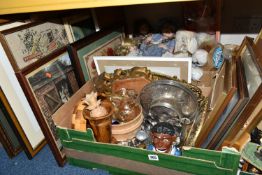 THREE BOXES AND LOOSE PICTURES, METALWARES, LIGHT FITTINGS, DOLLS AND SUNDRY ITEMS, to include