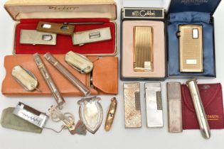 A BOX OF ASSORTED LIGHTERS AND OTHER SMOKING MATERIALS, to include a cased gold plated 'Ronson'