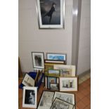 A BOX AND LOOSE ASSORTED PRINTS ETC, to include a landscape with village oil ln board by Margaret