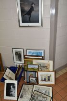 A BOX AND LOOSE ASSORTED PRINTS ETC, to include a landscape with village oil ln board by Margaret