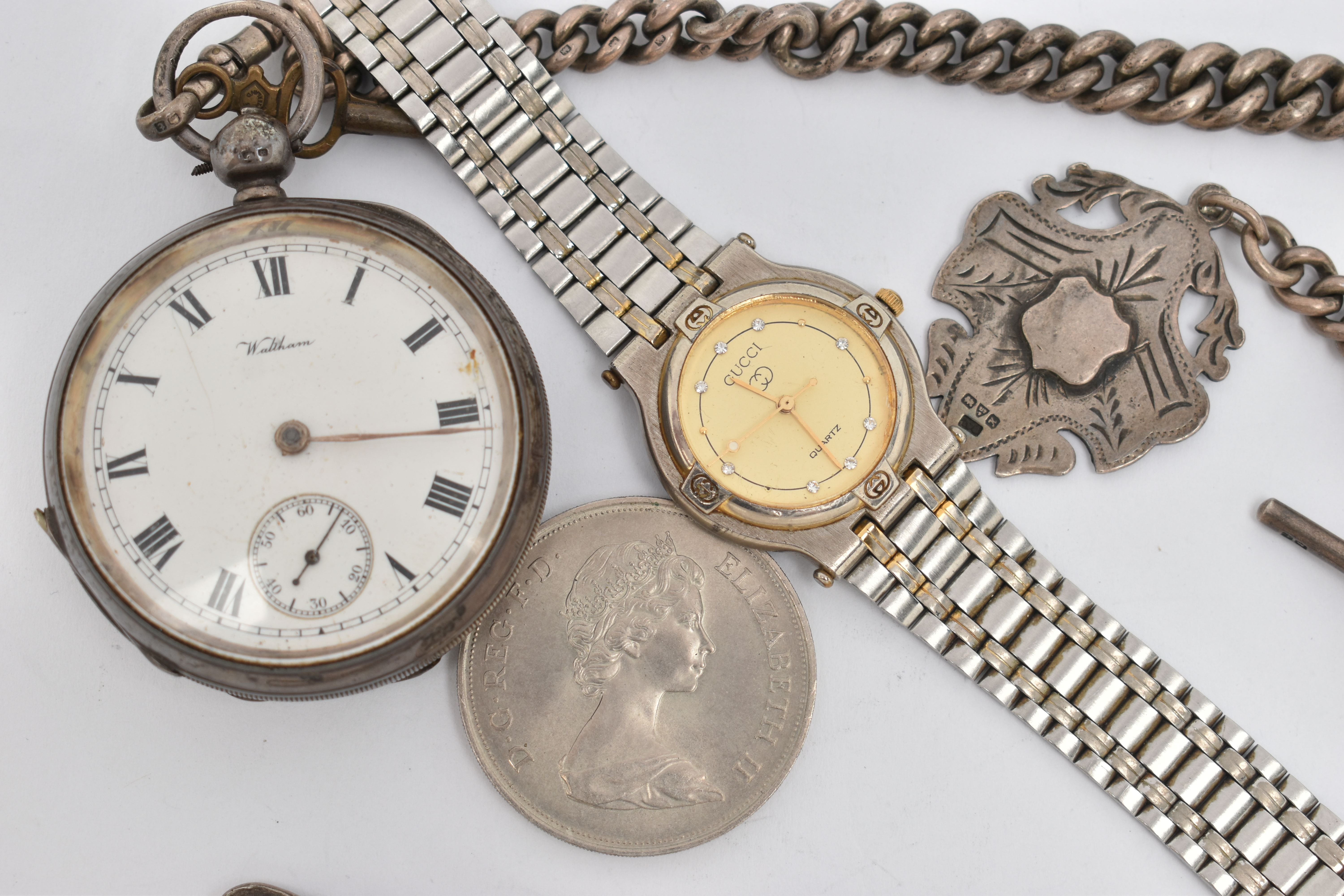 A SILVER 'WALTHAM' POCKET WATCH AND ALBERT CHAIN, key wound, open face pocket watch, round white - Image 2 of 4
