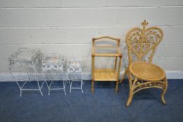 A WICKER/RATTAN CHAIR, with heart shaped back rest, scrolled decoration, with shaped front legs with