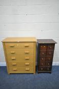 A MODERN OAK EFFECT CHEST OF FIVE DRAWERS, width 89cm x depth 44cm x height 111cm, along with a