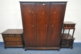 A STAG MINSTREL FIVE PIECE BEDROOM SUITE, comprising a triple door wardrobe, a chest of five