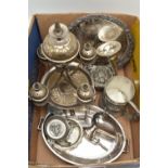 A SELECTION OF PLATED WARE, to include a coal scuttle salt, a bud vase, a plate, a small tray, a