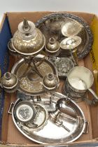 A SELECTION OF PLATED WARE, to include a coal scuttle salt, a bud vase, a plate, a small tray, a