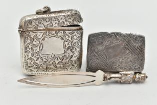 A SILVER VESTA CASE, PILL BOX AND A BOOK MARK, square vesta with ivy leaf pattern and vacant