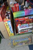 TWO BOXES AND LOOSE VINTAGE CHILDREN'S BOARD GAMES AND SCALEXTRIC SETS, to include a G-Force Micro