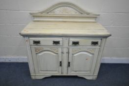 A CREAM PAINTED FRENCH SIDEBOARD, with a raised back, two drawers above two cupboard doors, width
