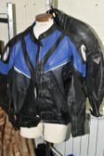 ONE BOX OF CAR PARTS AND TWO LEATHER BIKER'S JACKETS, to include a black with blue panels 'Richa'