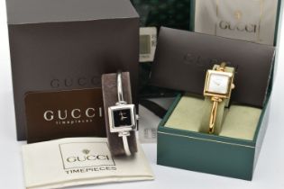 TWO GUCCI WATCHES, to include a wristwatch with a black square dial, the dial is signed 'GUCCI Swiss