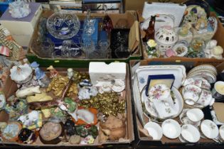 FOUR BOXES AND LOOSE CERAMICS AND GLASS, to include a Pendelfin Fruit Shop, Pendelfin rabbits: