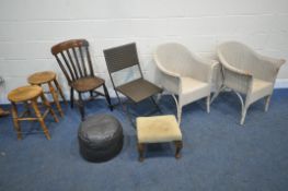 TWO WHITE PAINTED LLOYD LOOM WICKER CHAIRS, a folding chair, another chair, two beech stools, a foot