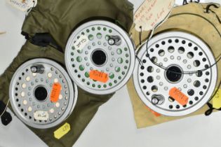 THREE FLY FISHING SPOOLS, one 4'', a 3 3/4'' and a 3 1/2'', all probably a Ryobi, the largest