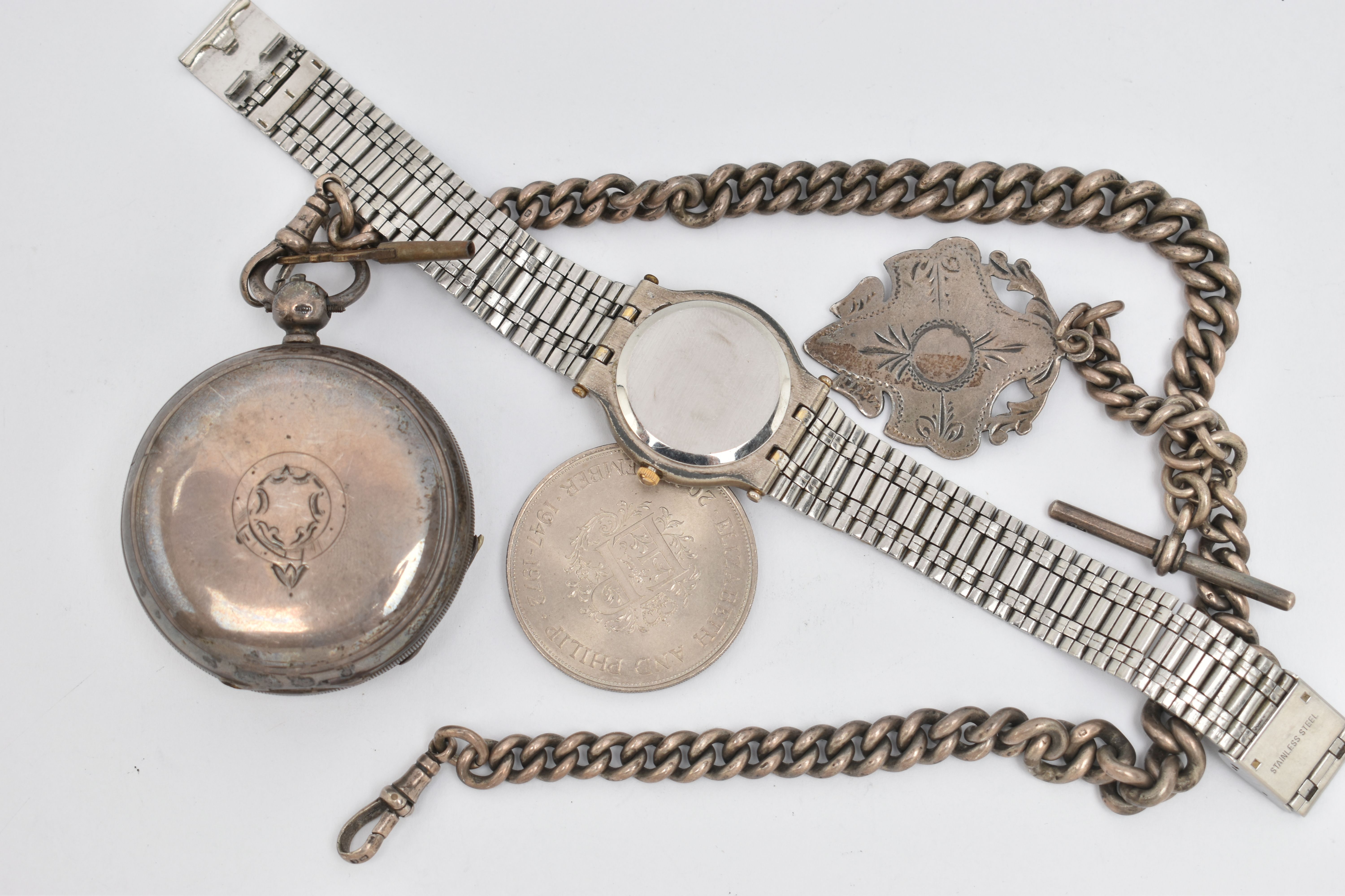 A SILVER 'WALTHAM' POCKET WATCH AND ALBERT CHAIN, key wound, open face pocket watch, round white - Image 3 of 4